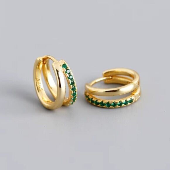 Double Huggie Earrings Green CZ CUTE everyday Jewelry huggies double hoop Green - Picture 6 of 7